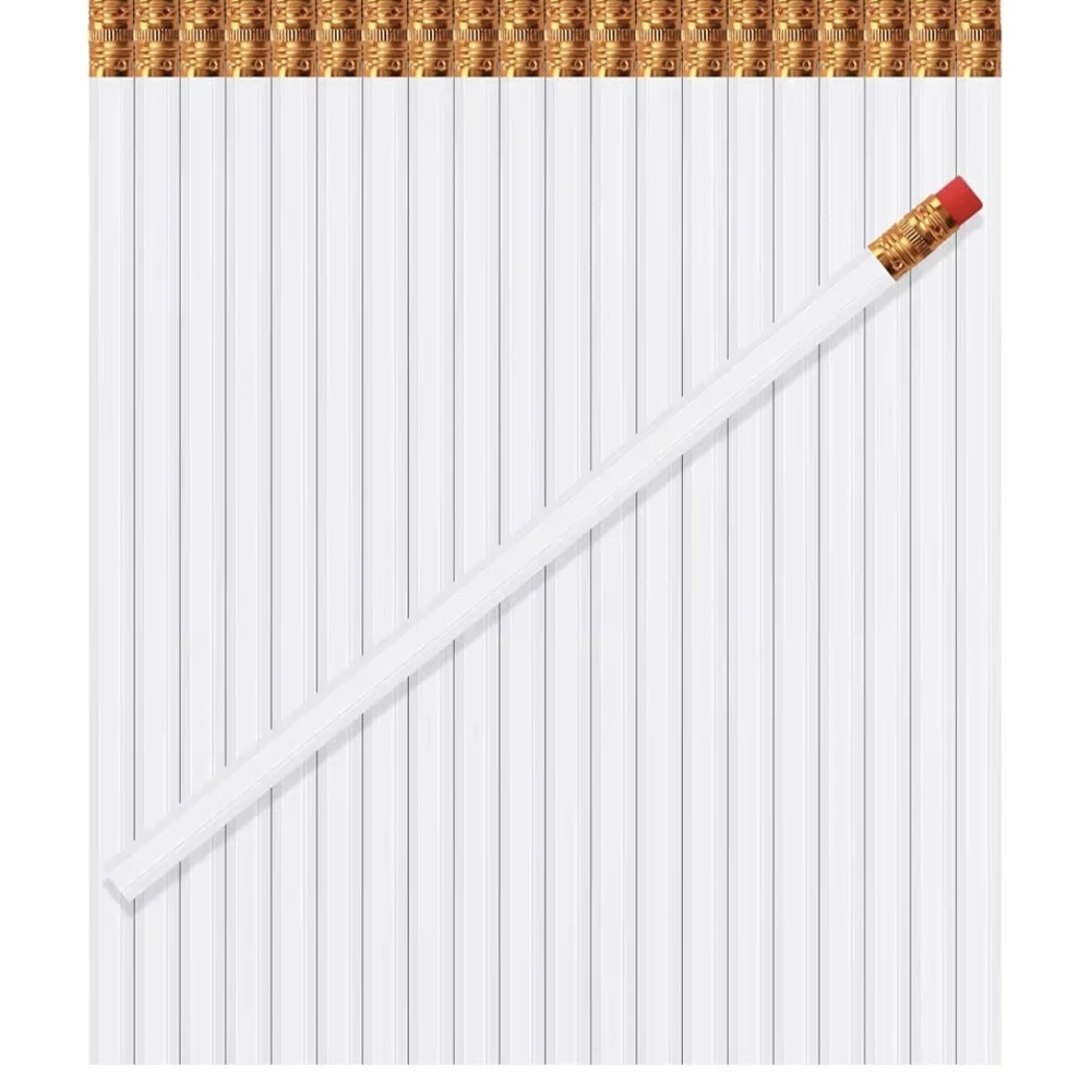 60 Pieces White Wood Pencil with Gold Ferrule and Red Eraser